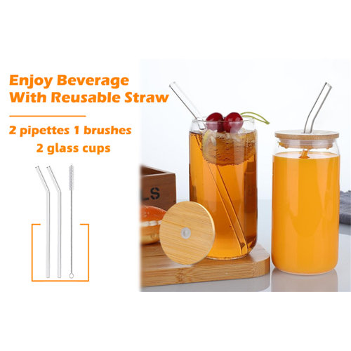 Ebern Designs Drinking Glasses With Bamboo Lids And Glass Straw 16oz